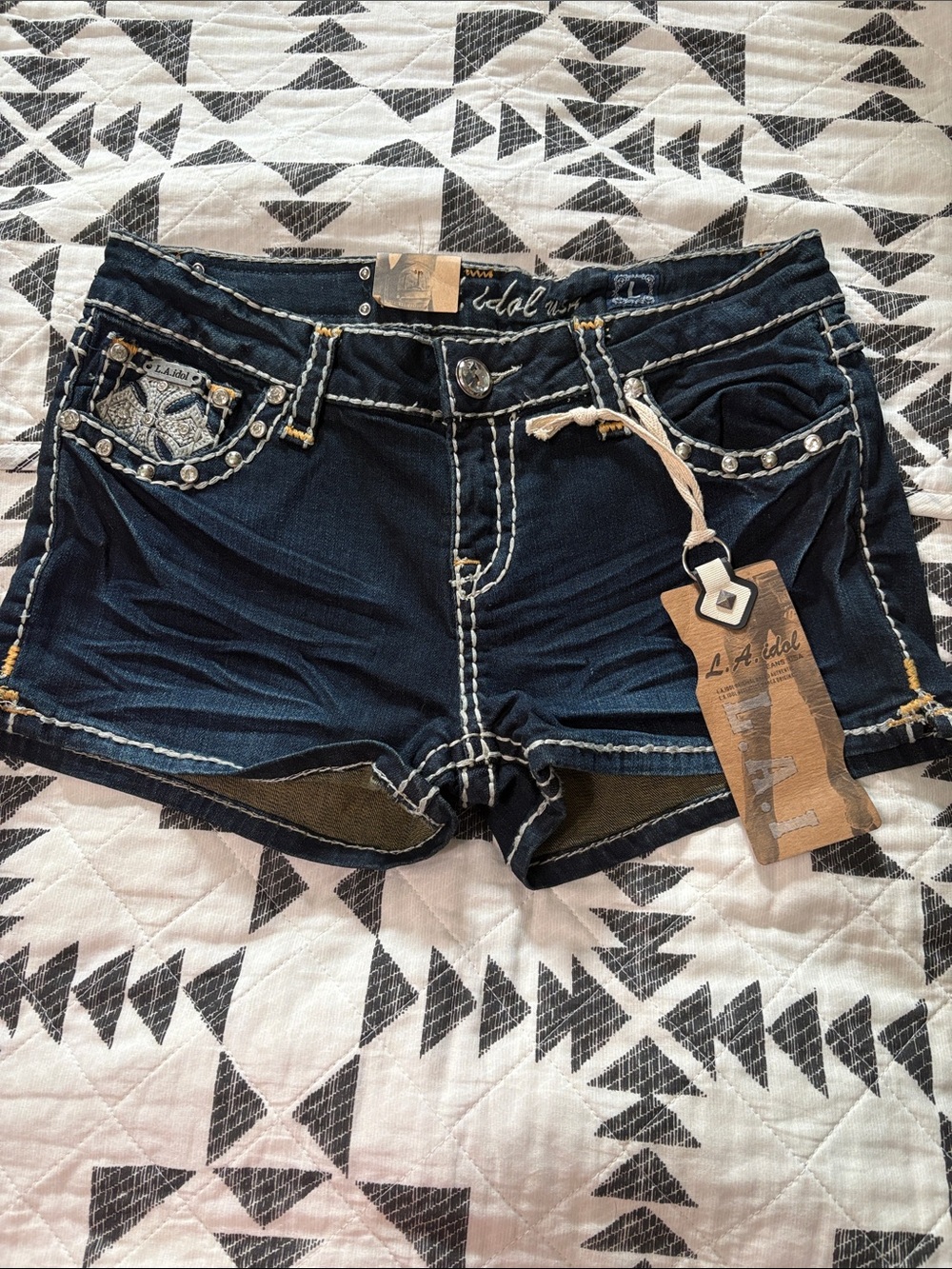 L.A. Idol Dark Indigo Denim Shorts with White Contrast Stitching